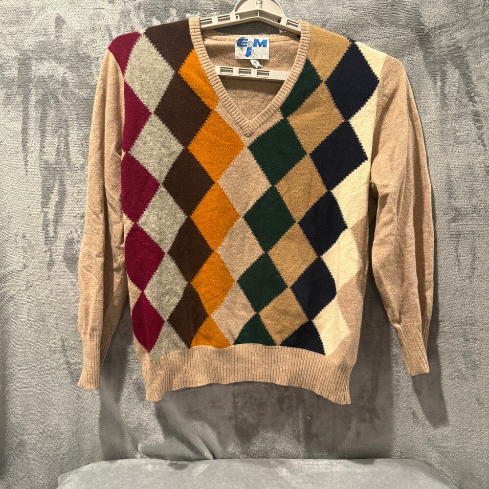Vintage 80s EJM 100% Lambswool Argyle Sweater Women’s Size 6 V-Neck